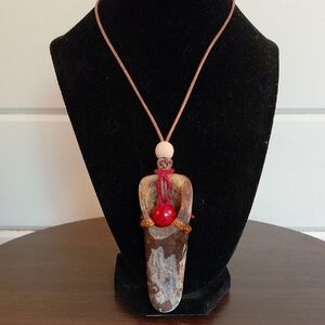 Handcrafted Bone Pendant Necklace with Red Accent